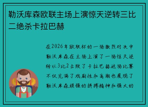 勒沃库森欧联主场上演惊天逆转三比二绝杀卡拉巴赫